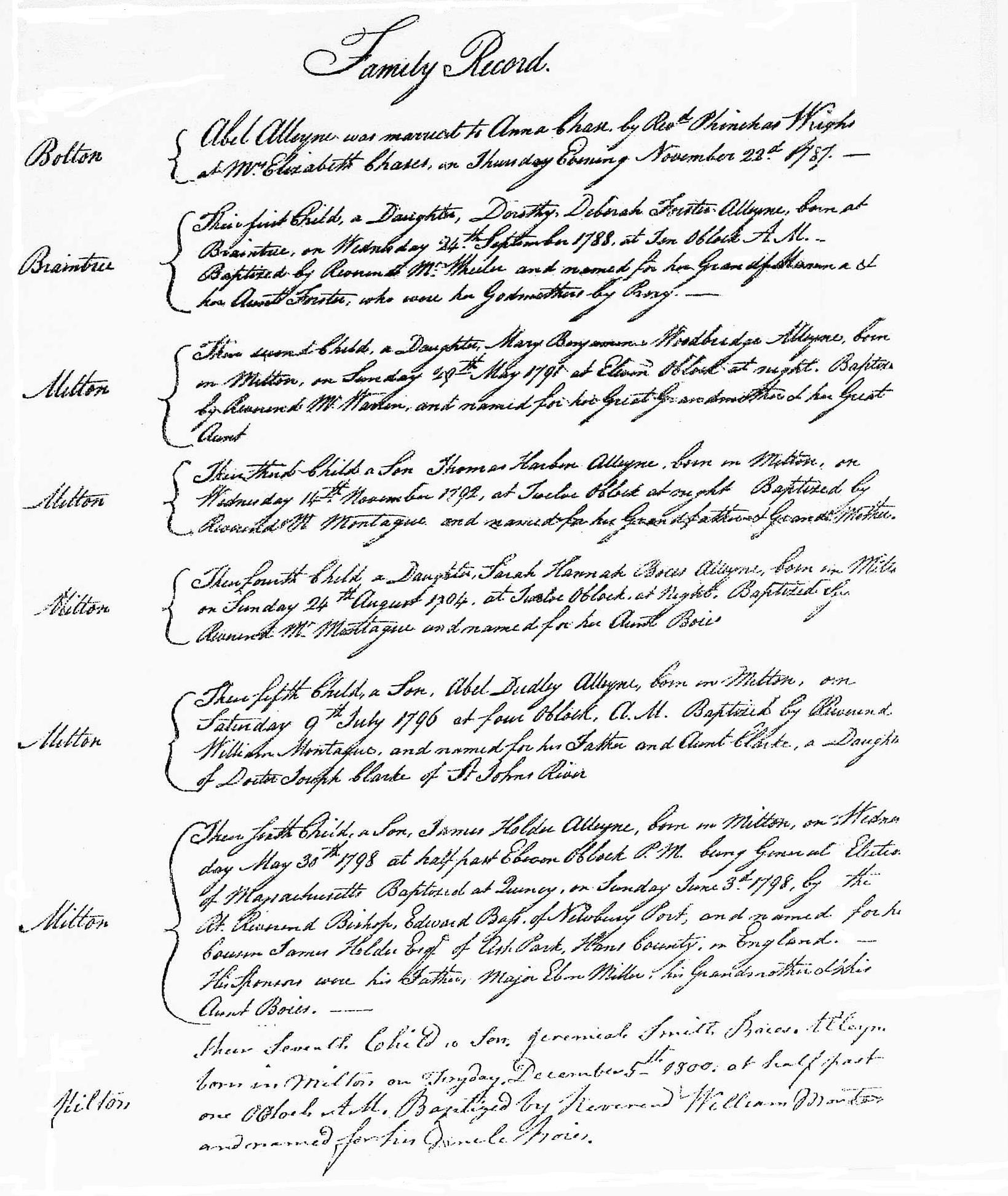 Page one of Abel Alleyne's family Bible records