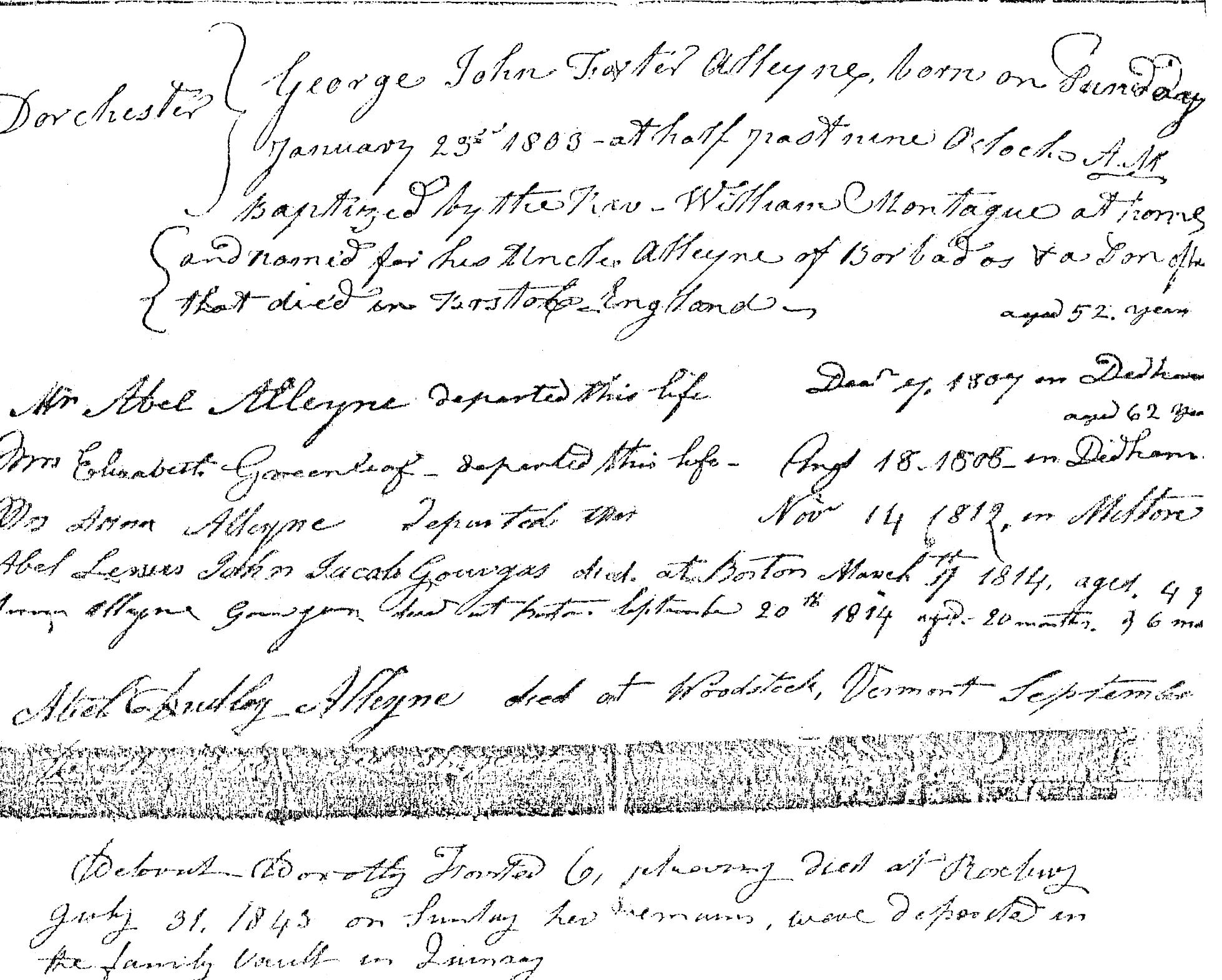 Page two of Abel Alleyne's family Bible records