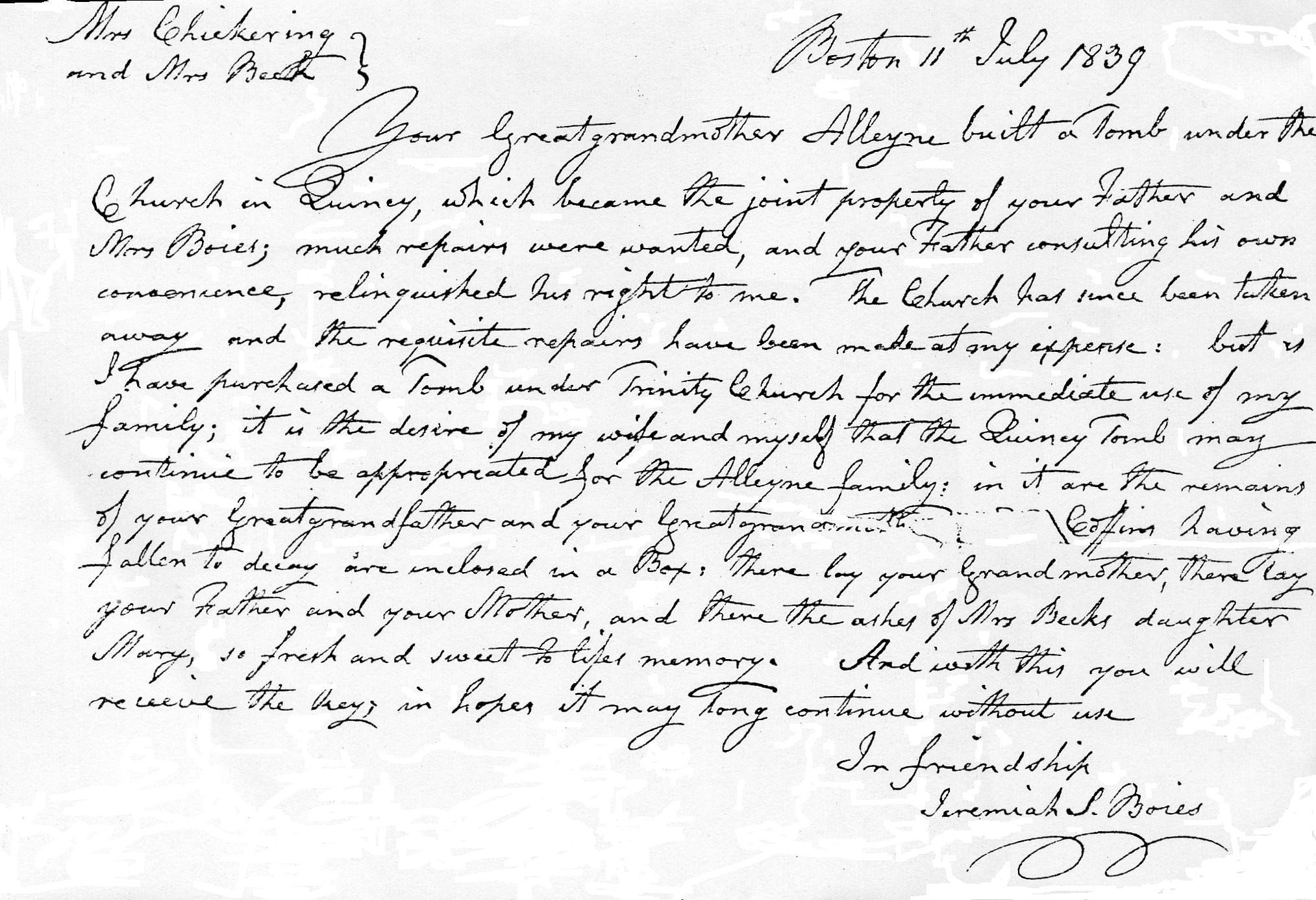 Letter from Jeremiah Smith Boies listing those interred in the Alleyne vault